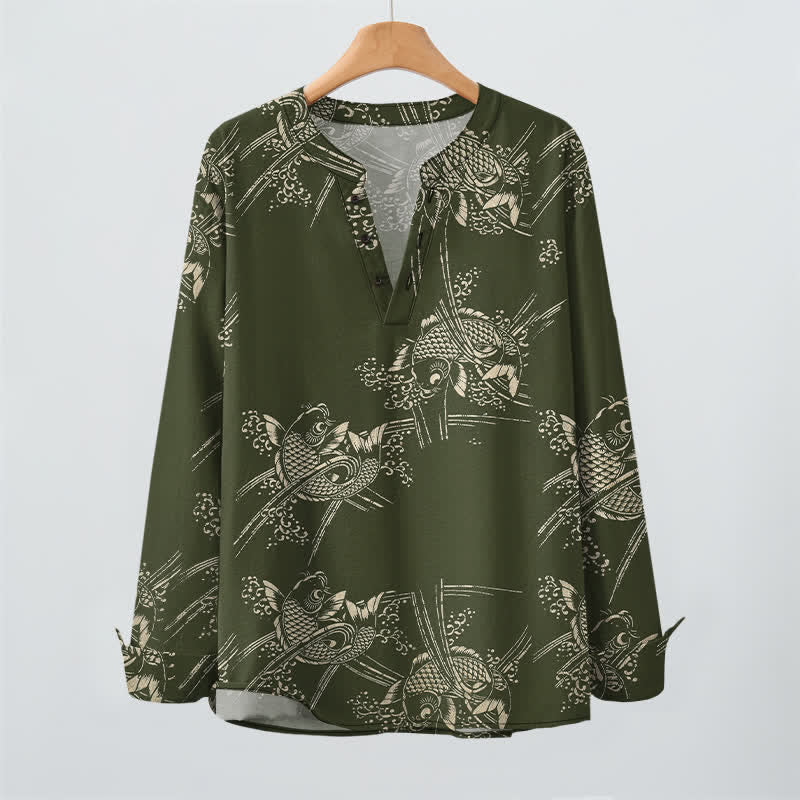 Buddha Stones Cotton Ethnic Fish Motif Pattern V-Neck Buttons Men's Long Sleeve Shirts - image 9