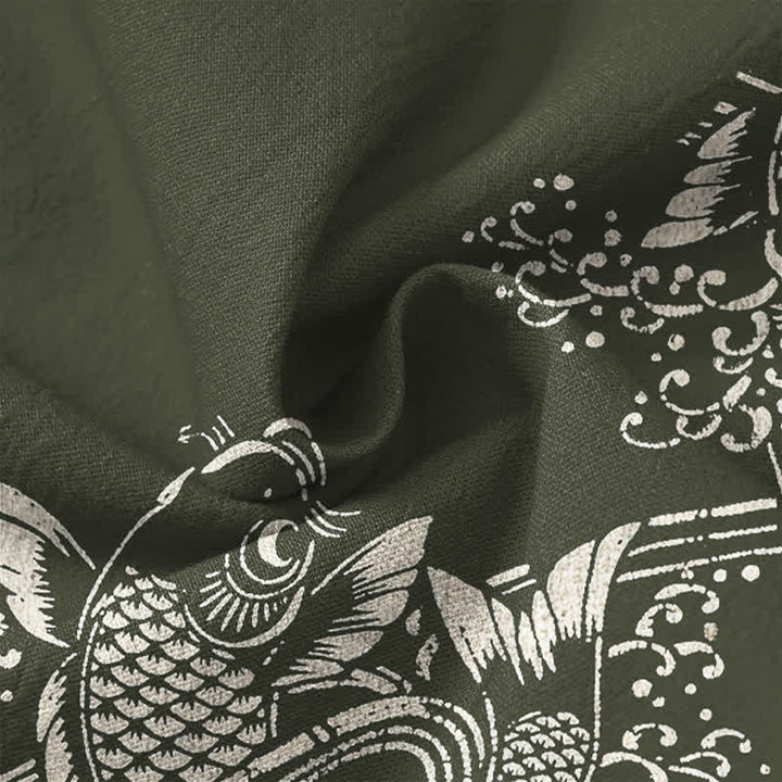 Buddha Stones Cotton Ethnic Fish Motif Pattern V-Neck Buttons Men's Long Sleeve Shirts - image 13