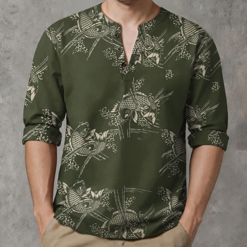 Buddha Stones Cotton Ethnic Fish Motif Pattern V-Neck Buttons Men's Long Sleeve Shirts - image 8