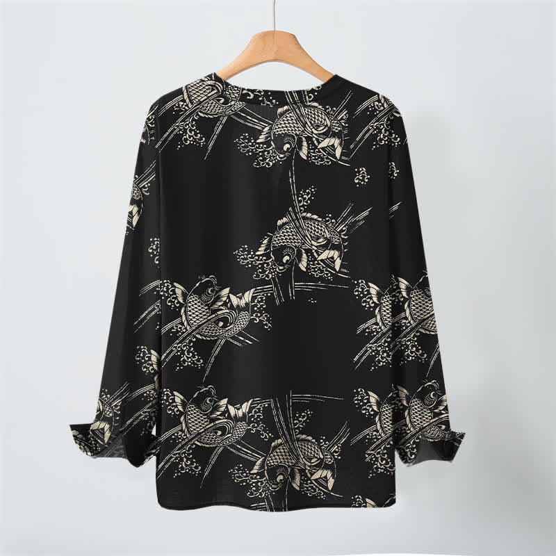 Buddha Stones Cotton Ethnic Fish Motif Pattern V-Neck Buttons Men's Long Sleeve Shirts - image 17