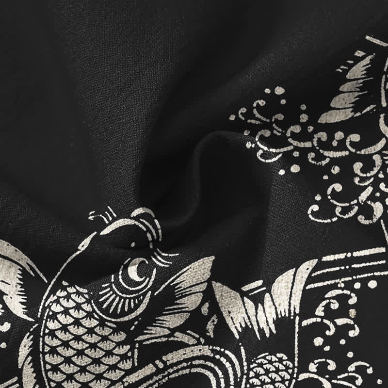 Buddha Stones Cotton Ethnic Fish Motif Pattern V-Neck Buttons Men's Long Sleeve Shirts - image 20