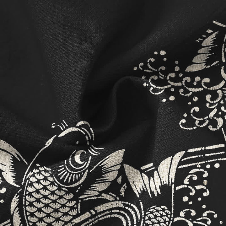 Buddha Stones Cotton Ethnic Fish Motif Pattern V-Neck Buttons Men's Long Sleeve Shirts - image 20