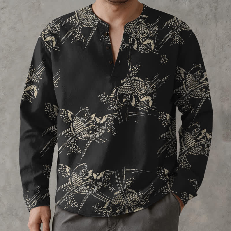 Buddha Stones Cotton Ethnic Fish Motif Pattern V-Neck Buttons Men's Long Sleeve Shirts - Black - US/UK/AU48，EU58 (4XL) - image 14