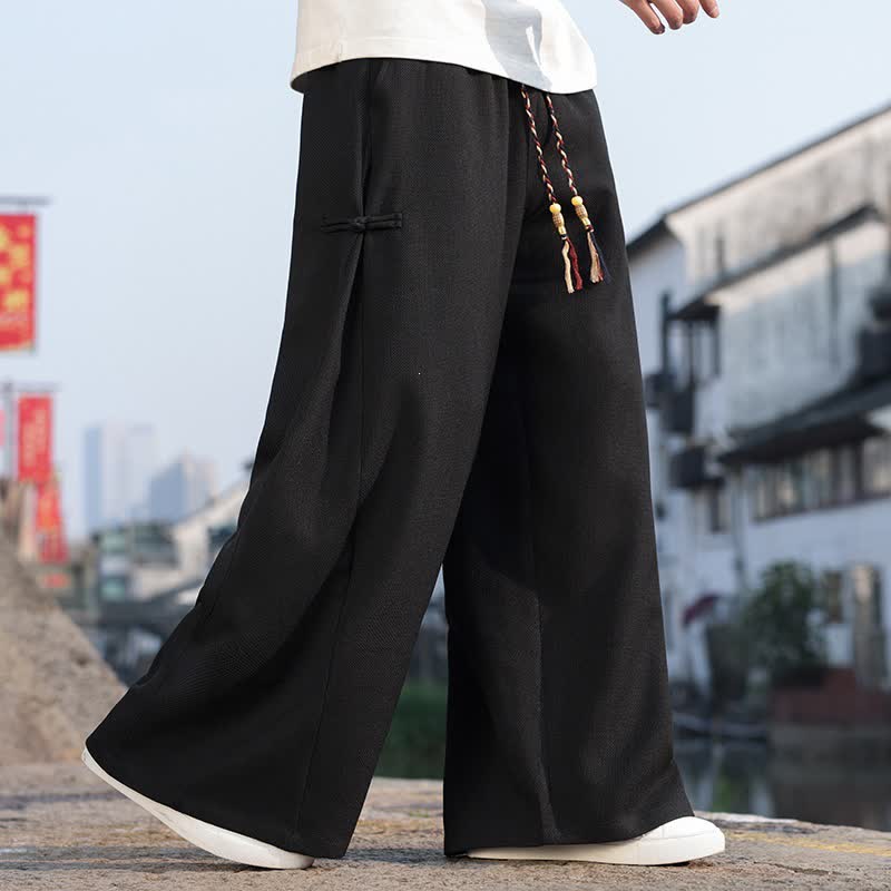 Buddha Stones Spring Fall Casual Tang Style Drawstring Solid Long Pants Men's Straight Leg Pants With Pocket - Black - US/UK/AU44, EU54 (4XL) - image 0