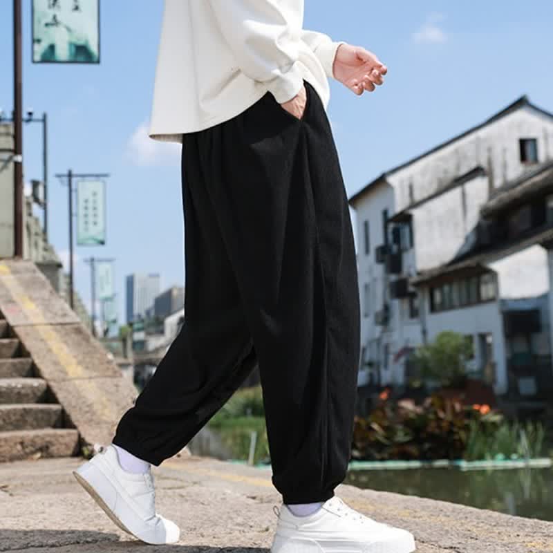 Buddha Stones Fall Casual Minimalist Drawstring Solid Cropped Pants Corduroy Men's Tapered Pants With Pocket - image 18