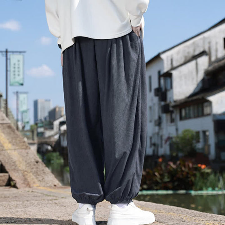 Buddha Stones Fall Casual Minimalist Drawstring Solid Cropped Pants Corduroy Men's Tapered Pants With Pocket - image 11
