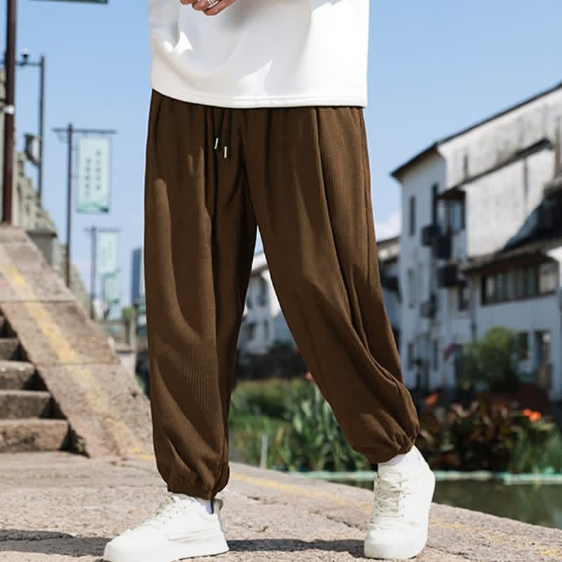 Buddha Stones Fall Casual Minimalist Drawstring Solid Cropped Pants Corduroy Men's Tapered Pants With Pocket - image 1