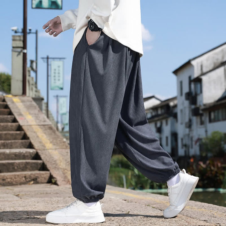 Buddha Stones Fall Casual Minimalist Drawstring Solid Cropped Pants Corduroy Men's Tapered Pants With Pocket - image 14