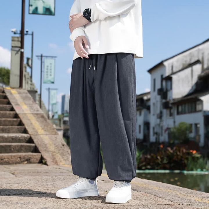 Buddha Stones Fall Casual Minimalist Drawstring Solid Cropped Pants Corduroy Men's Tapered Pants With Pocket - image 10