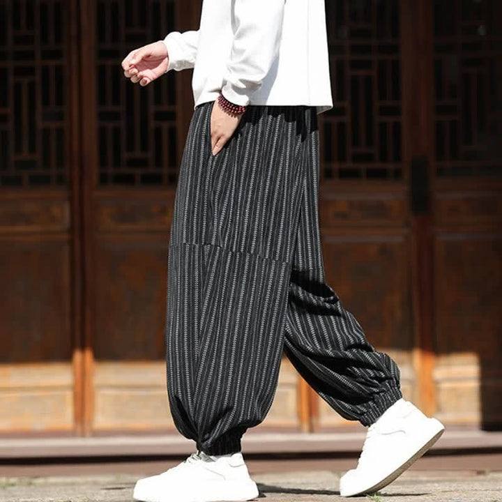 Buddha Stones Spring Fall Casual Drawstring Striped Cropped Pants Corduroy Men's Harem Pants With Pocket - image 2