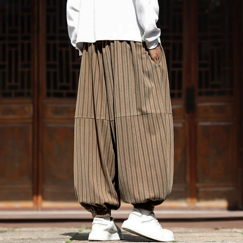 Buddha Stones Spring Fall Casual Drawstring Striped Cropped Pants Corduroy Men's Harem Pants With Pocket - image 21