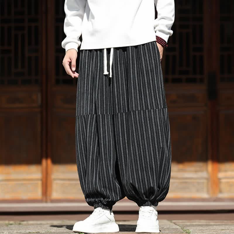 Buddha Stones Spring Fall Casual Drawstring Striped Cropped Pants Corduroy Men's Harem Pants With Pocket - image 4