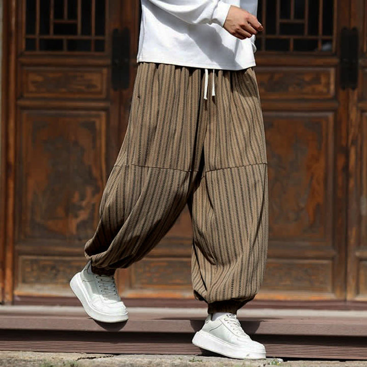 Buddha Stones Spring Fall Casual Drawstring Striped Cropped Pants Corduroy Men's Harem Pants With Pocket - image 19