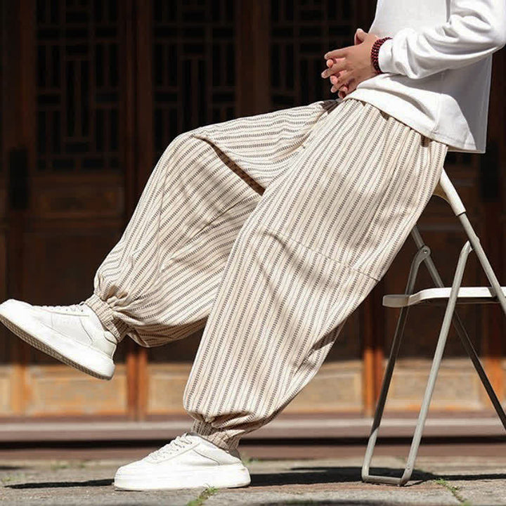Buddha Stones Spring Fall Casual Drawstring Striped Cropped Pants Corduroy Men's Harem Pants With Pocket - image 32