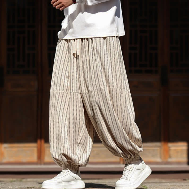 Buddha Stones Spring Fall Casual Drawstring Striped Cropped Pants Corduroy Men's Harem Pants With Pocket - image 26
