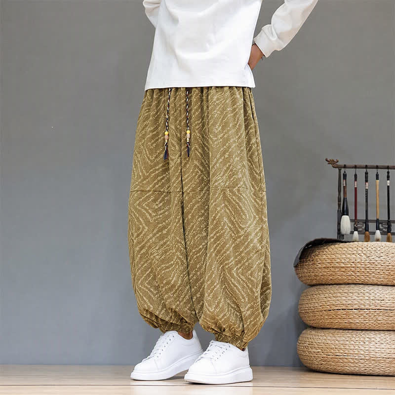 Buddha Stones Fall Winter Casual Boho Drawstring Abstract Lines Cropped Pants Corduroy Men's Harem Pants With Pockets - image 2