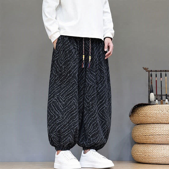Buddha Stones Fall Winter Casual Boho Drawstring Abstract Lines Cropped Pants Corduroy Men's Harem Pants With Pockets - image 11