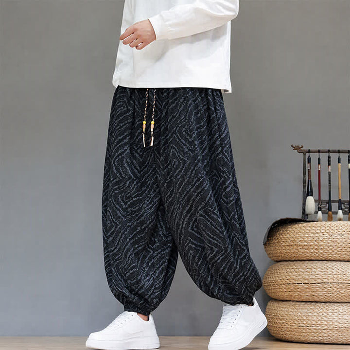 Buddha Stones Fall Winter Casual Boho Drawstring Abstract Lines Cropped Pants Corduroy Men's Harem Pants With Pockets - Black - US/UK/AU46, EU56 (5XL) - image 9