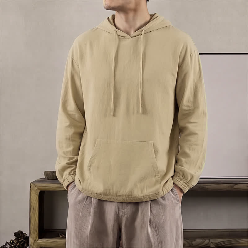 Buddha Stones Fall Casual Hooded Drawstring Solid Men's Long Sleeve Shirts With Pocket - Tan - US/UK/AU42, EU52 (3XL) - image 10