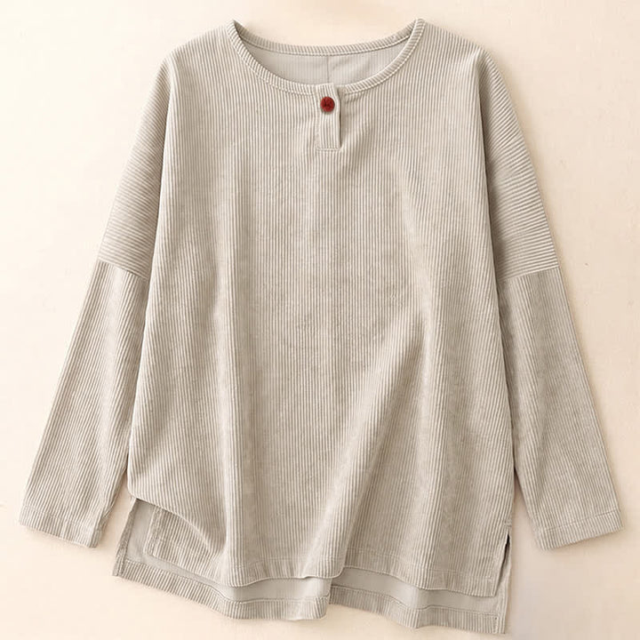 Buddha Stones Spring Fall Minimalist Crew Neck Button Solid Corduroy Women's Long Sleeve Shirts - Beige - US14，UK/AU18，EU46 (2XL) - image 2