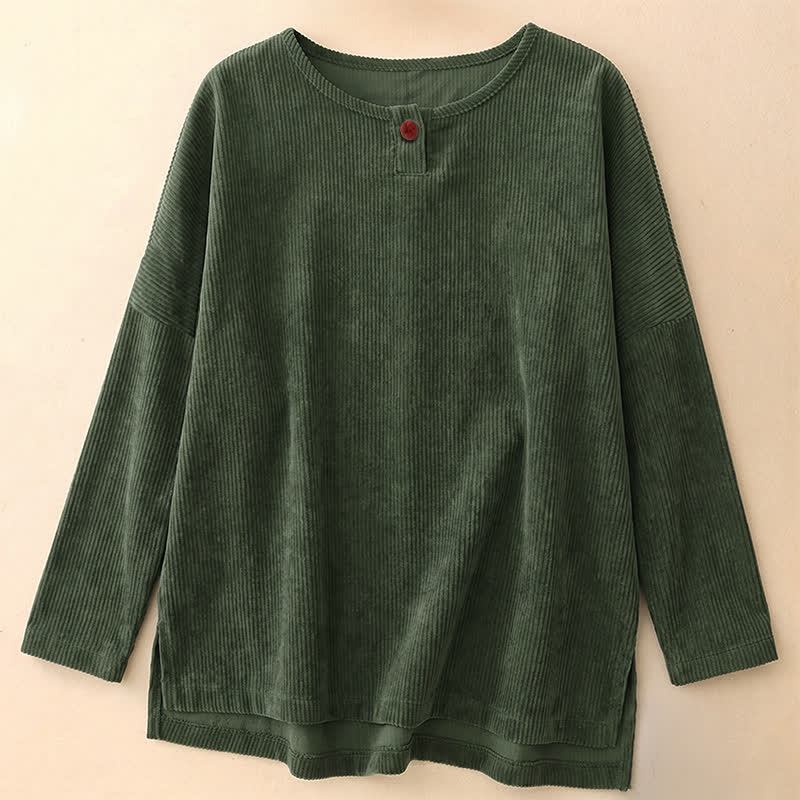 Buddha Stones Spring Fall Minimalist Crew Neck Button Solid Corduroy Women's Long Sleeve Shirts - DarkGreen - US14，UK/AU18，EU46 (2XL) - image 0