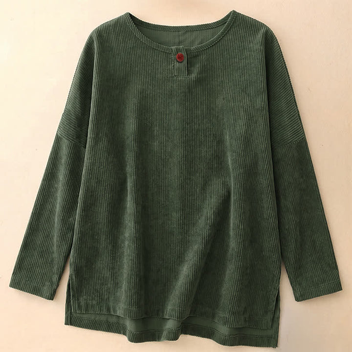 Buddha Stones Spring Fall Minimalist Crew Neck Button Solid Corduroy Women's Long Sleeve Shirts - DarkGreen - US14，UK/AU18，EU46 (2XL) - image 0