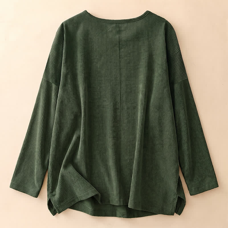 Buddha Stones Spring Fall Minimalist Crew Neck Button Solid Corduroy Women's Long Sleeve Shirts - image 1