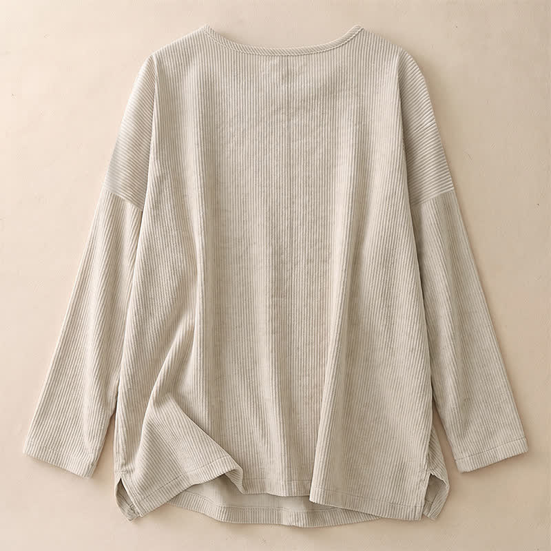 Buddha Stones Spring Fall Minimalist Crew Neck Button Solid Corduroy Women's Long Sleeve Shirts - image 3