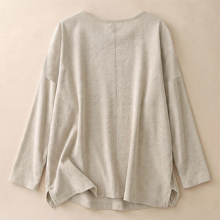Buddha Stones Spring Fall Minimalist Crew Neck Button Solid Corduroy Women's Long Sleeve Shirts - image 3