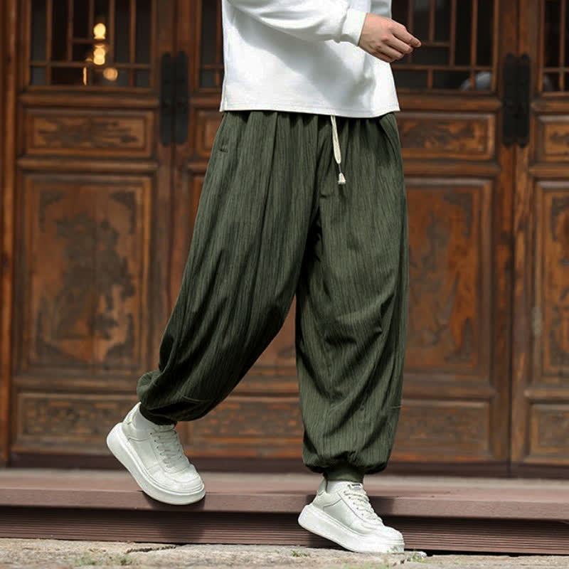 Buddha Stones Spring Casual Minimalist Drawstring Solid Vertical Stripes Cropped Pants Corduroy Men's Harem Pants With Pockets - image 5