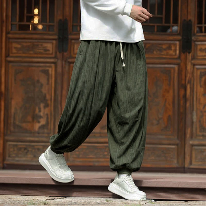 Buddha Stones Spring Casual Minimalist Drawstring Solid Vertical Stripes Cropped Pants Corduroy Men's Harem Pants With Pockets - image 5
