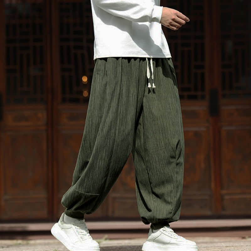 Buddha Stones Spring Casual Minimalist Drawstring Solid Vertical Stripes Cropped Pants Corduroy Men's Harem Pants With Pockets - image 1