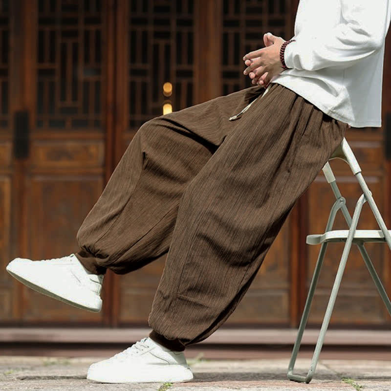 Buddha Stones Spring Casual Minimalist Drawstring Solid Vertical Stripes Cropped Pants Corduroy Men's Harem Pants With Pockets - image 36