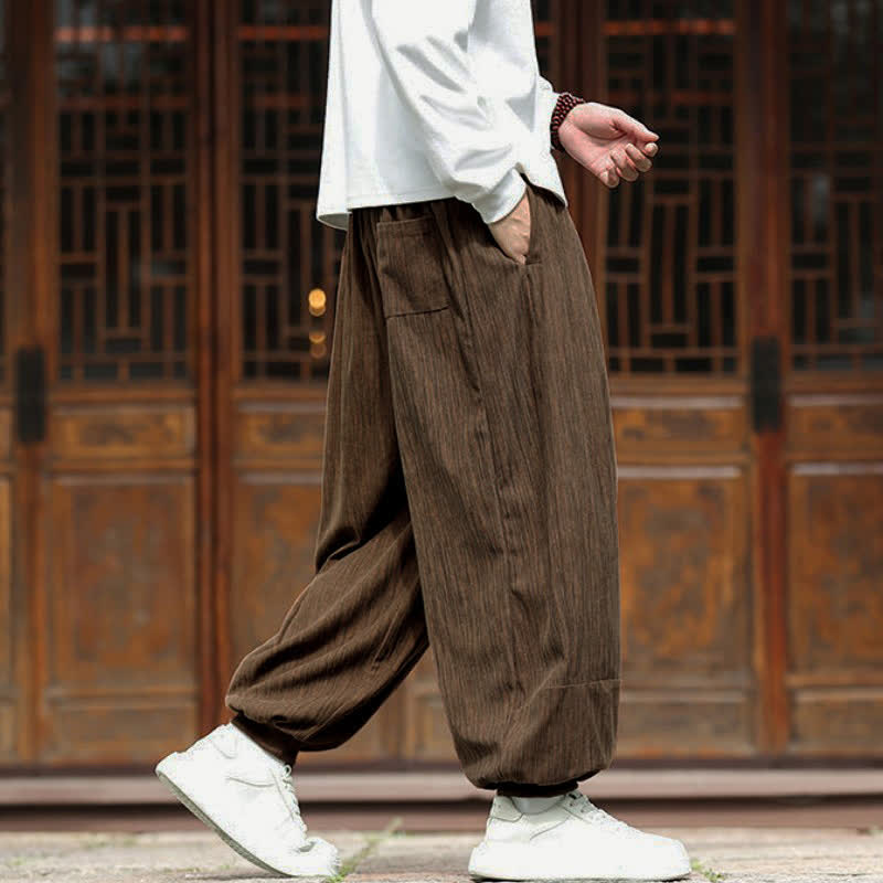 Buddha Stones Spring Casual Minimalist Drawstring Solid Vertical Stripes Cropped Pants Corduroy Men's Harem Pants With Pockets - image 31