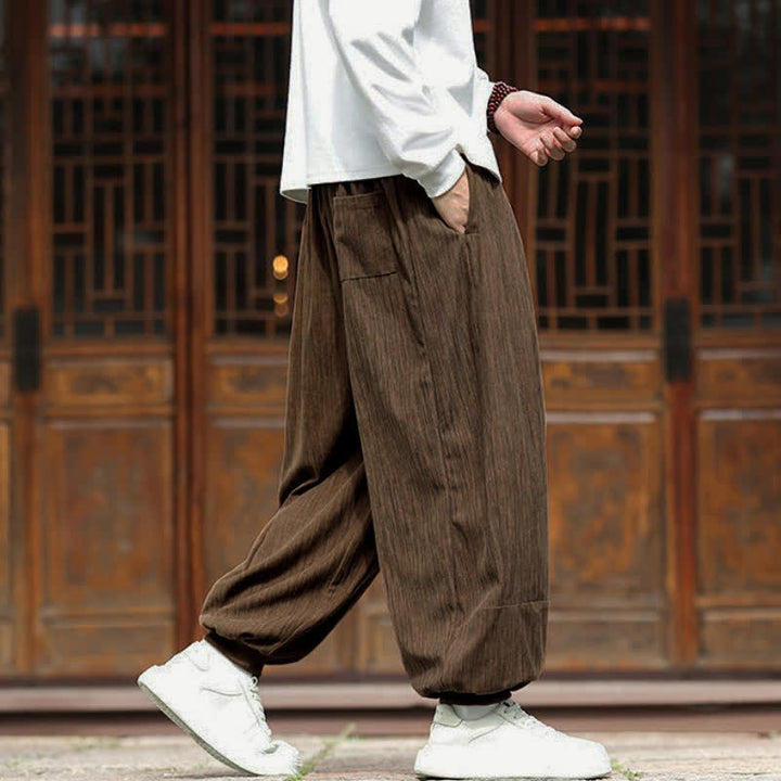 Buddha Stones Spring Casual Minimalist Drawstring Solid Vertical Stripes Cropped Pants Corduroy Men's Harem Pants With Pockets - image 31