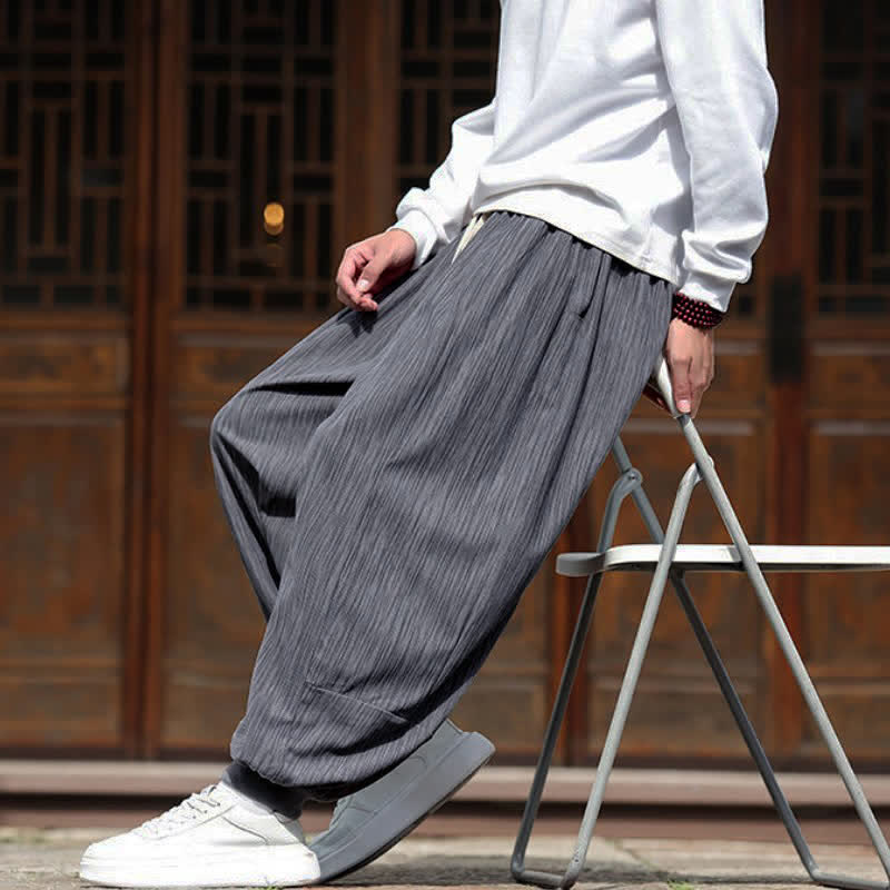 Buddha Stones Spring Casual Minimalist Drawstring Solid Vertical Stripes Cropped Pants Corduroy Men's Harem Pants With Pockets - image 15