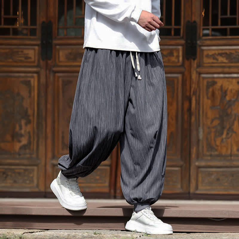 Buddha Stones Spring Casual Minimalist Drawstring Solid Vertical Stripes Cropped Pants Corduroy Men's Harem Pants With Pockets - image 13