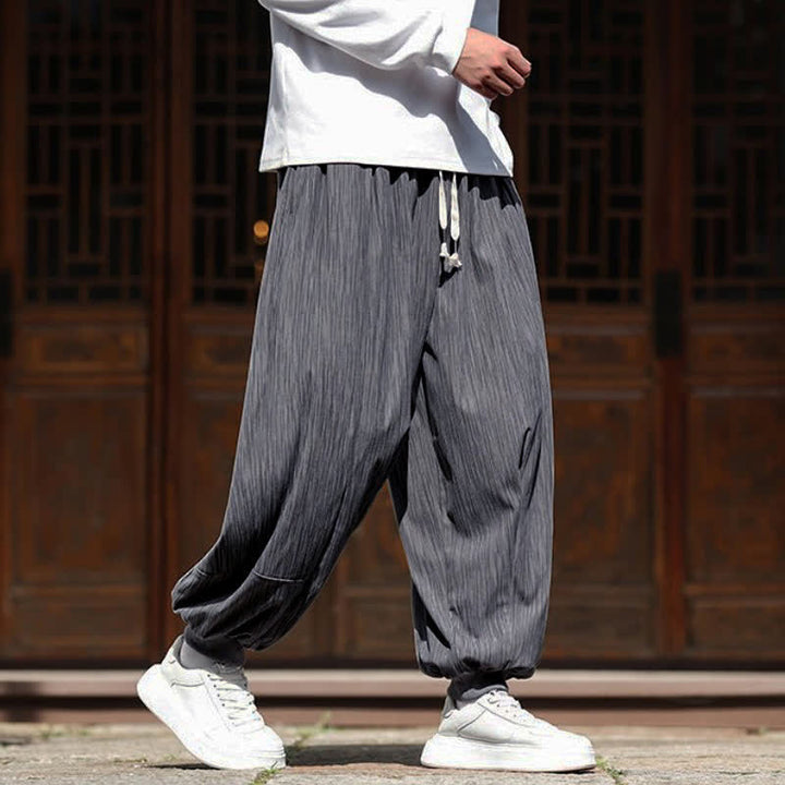 Buddha Stones Spring Casual Minimalist Drawstring Solid Vertical Stripes Cropped Pants Corduroy Men's Harem Pants With Pockets - image 9