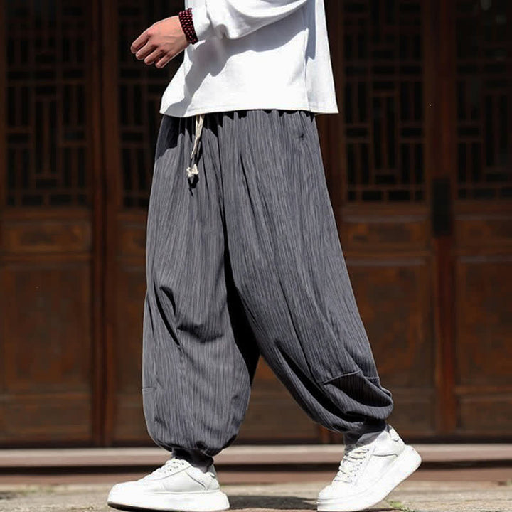 Buddha Stones Spring Casual Minimalist Drawstring Solid Vertical Stripes Cropped Pants Corduroy Men's Harem Pants With Pockets - image 12
