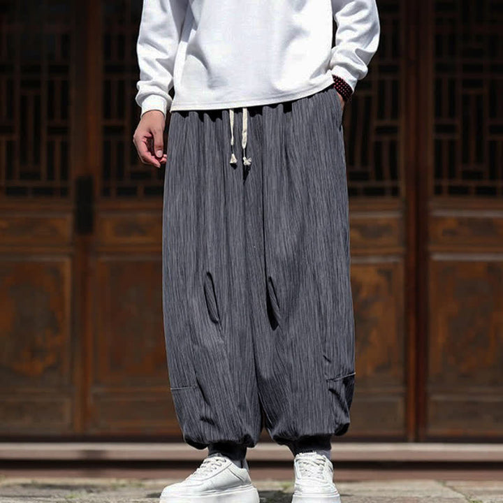 Buddha Stones Spring Casual Minimalist Drawstring Solid Vertical Stripes Cropped Pants Corduroy Men's Harem Pants With Pockets - image 14