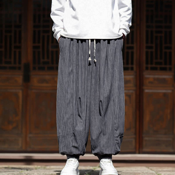 Buddha Stones Spring Casual Minimalist Drawstring Solid Vertical Stripes Cropped Pants Corduroy Men's Harem Pants With Pockets - Gray - US/UK/AU46, EU56 (5XL) - image 8