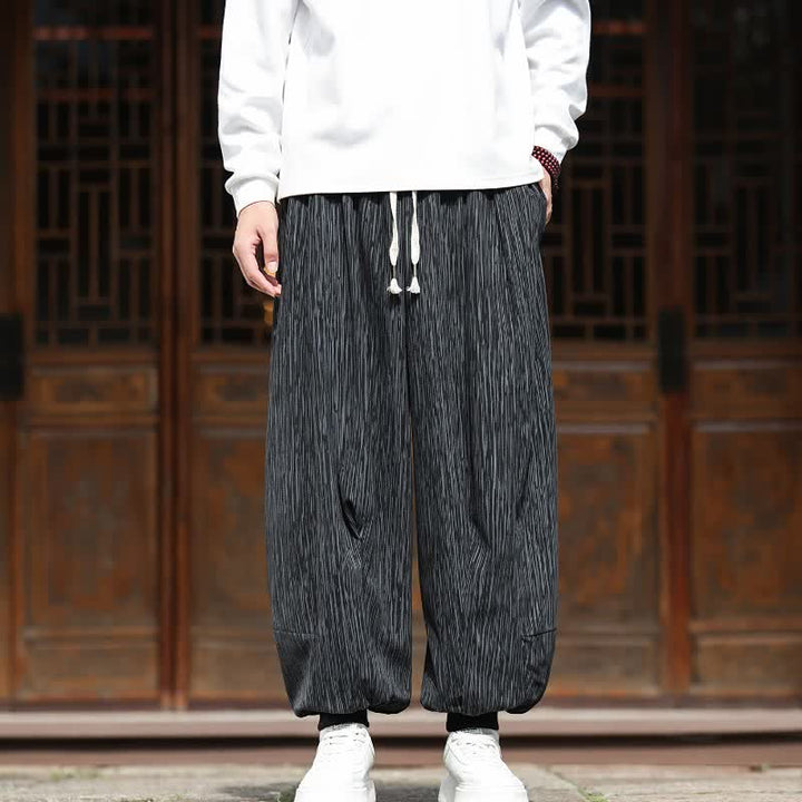 Buddha Stones Spring Casual Minimalist Drawstring Solid Vertical Stripes Cropped Pants Corduroy Men's Harem Pants With Pockets - Black - US/UK/AU46, EU56 (5XL) - image 20