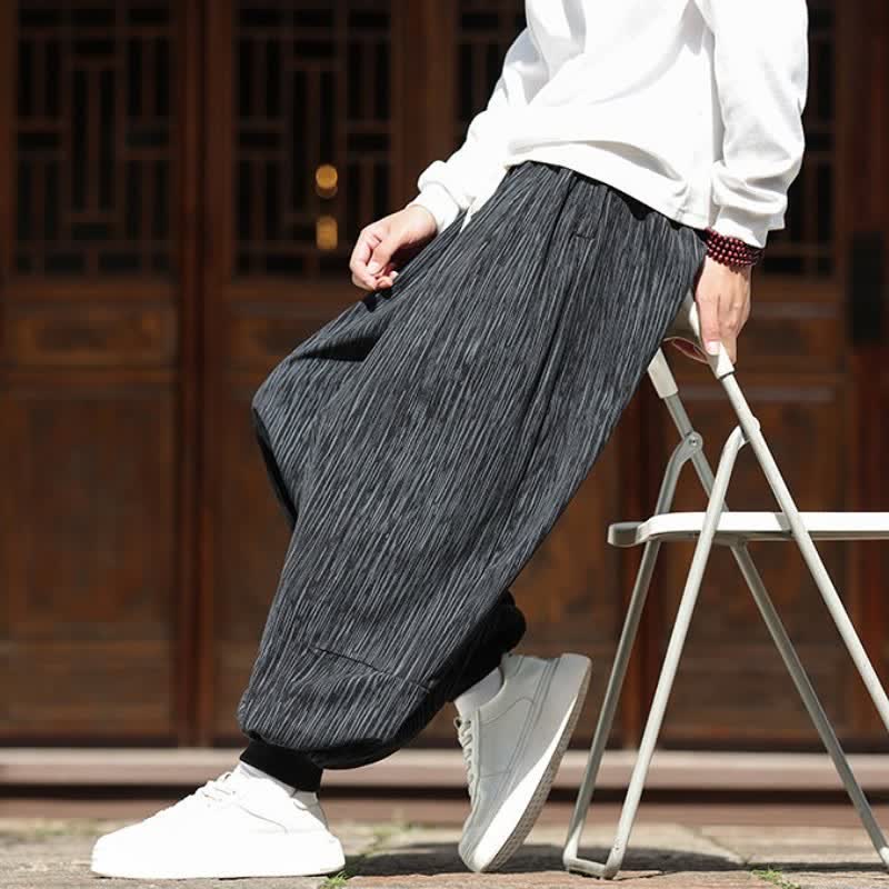 Buddha Stones Spring Casual Minimalist Drawstring Solid Vertical Stripes Cropped Pants Corduroy Men's Harem Pants With Pockets - image 27