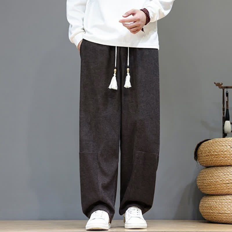 Buddha Stones Fall Winter Casual Vintage Drawstring Solid Ankle Pants Corduroy Men's Straight Leg Pants With Pocket - image 1
