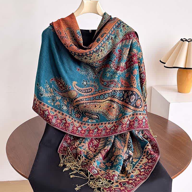 Buddha Stones Fall Winter Vintage Paisley Floral Tassel Women's Shawl - DeepSkyBlue - image 0