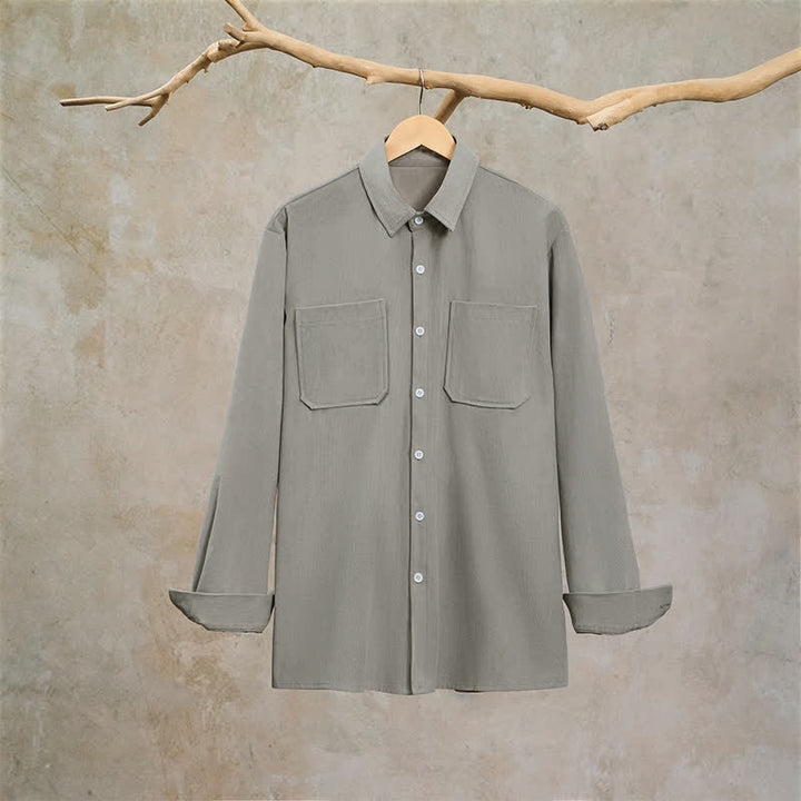 Buddha Stones Fall Casual Solid Corduroy Men's Long Sleeve Shirts With Patch Pockets - image 10