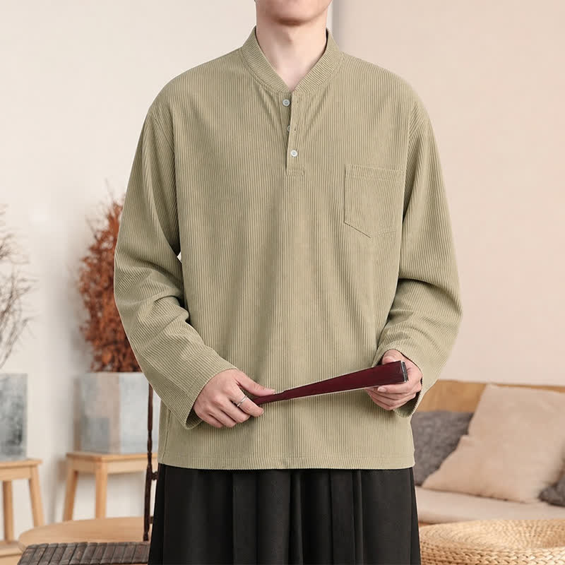 Buddha Stones Fall Winter Casual Tang Style Mandarin Collar Solid Corduroy Men's Long Sleeve Shirts With Patch Pocket - Wheat - US/UK/AU44, EU54 (4XL) - image 0
