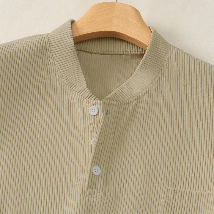 Buddha Stones Fall Winter Casual Tang Style Mandarin Collar Solid Corduroy Men's Long Sleeve Shirts With Patch Pocket - image 3