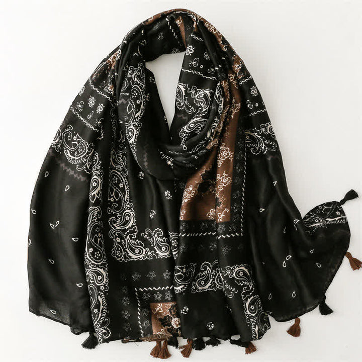 Buddha Stones Spring Fall Boho Paisley Patchwork Tassel Women's Scarf - Black - image 8