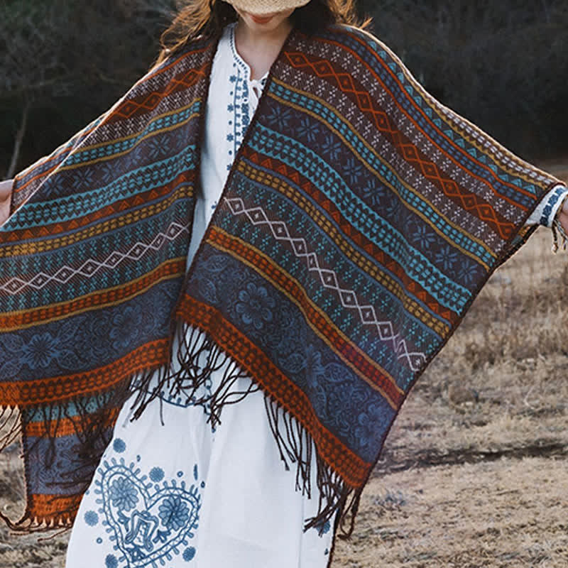 Buddha Stones Fall Winter Boho Geometric Stripes Tassel Cozy Women's Shawl - image 7